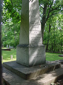 Jefferson's tombstone. The inscription, per Jefferson's instructions, reads Here was buried Thomas Jefferson, author of the Declaration of American Independence, of the Statute of Virginia for Religious Freedom, and father of the University of Virginia.