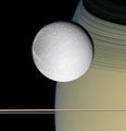 Dione in the shadow of Saturn's rings