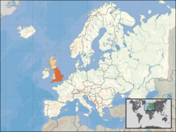 Location of England (orange) – on the European continent (camel & white) – in the United Kingdom (camel)