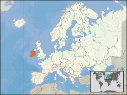 Location of Ireland (orange) – on the European continent (camel & white)