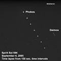 Successive views of Phobos and Deimos photographed from "Husband Hill" by a Mars Excursion Rover