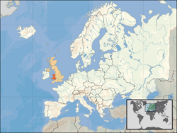 Location of Wales (orange) – on the European continent (camel & white) – in the United Kingdom (camel)