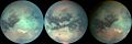 Three false-color mosaics of Titan showing changes in its atmosphere within three months