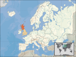 Location of Scotland (orange) – on the European continent (camel & white) – in the United Kingdom (camel)